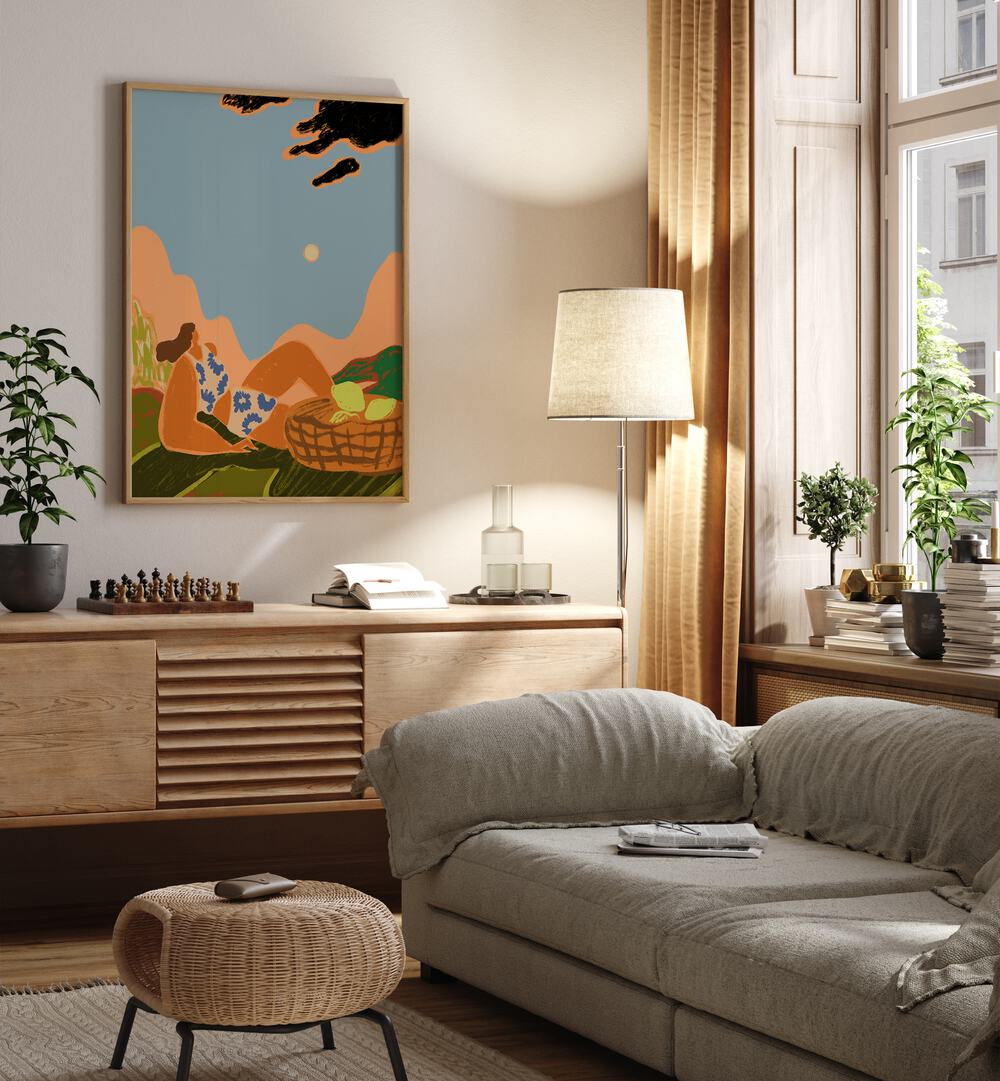 Sweet Summer By Arty Guava Wall Art Prints in Oak Wood Plain Frame placed on a Cream Colored Wall near a Grey Sofa  in the Living Room