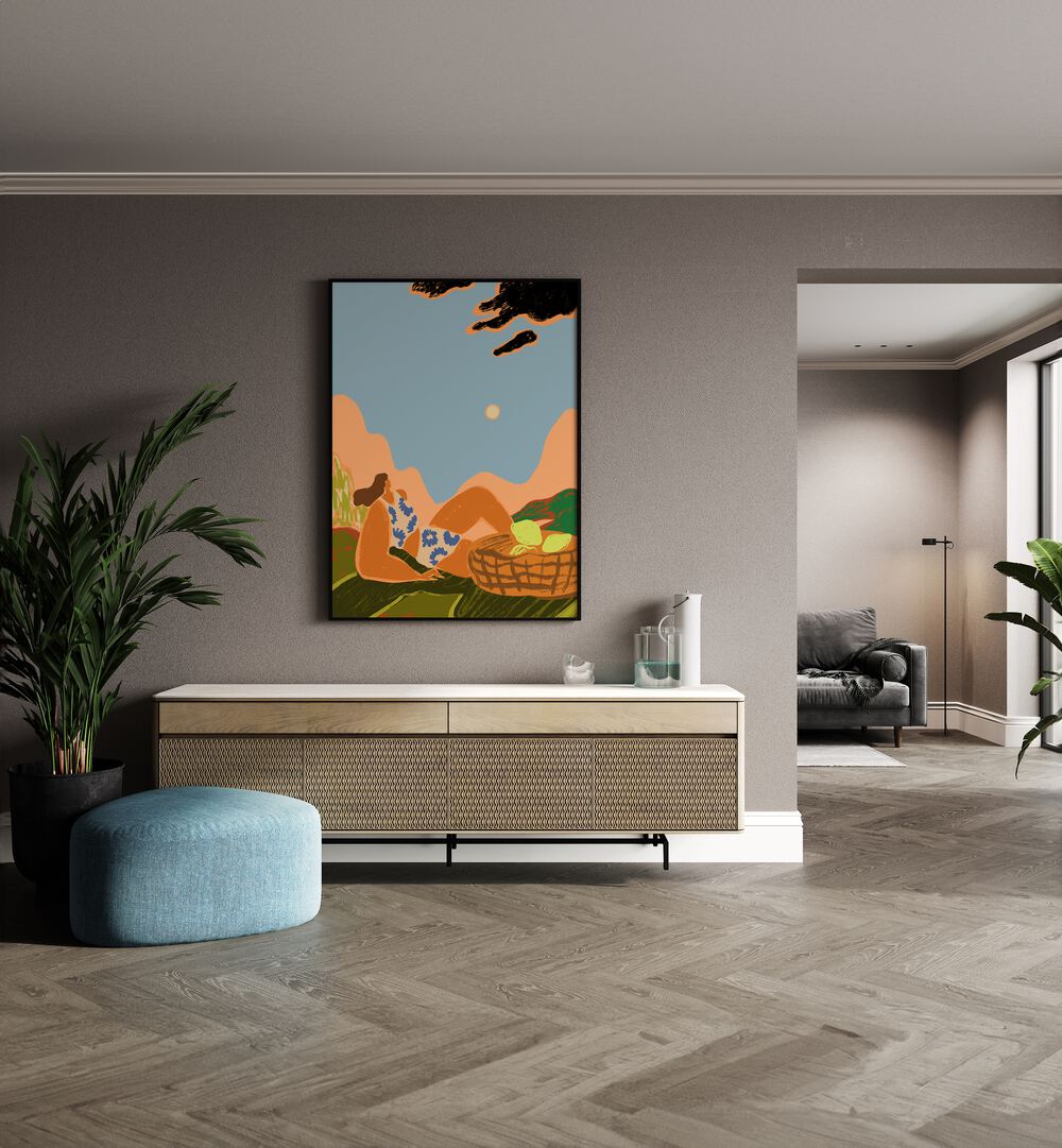 Sweet Summer By Arty Guava Wall Art Prints in Black Plain Frame placed on a Beige Colored Wall above a Console Table in the Drawing Room