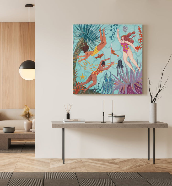 Swimming in the Ocean By Caroline Bonne Muller Women Illustration Paintings in Gallery Wrap on a wall above a table