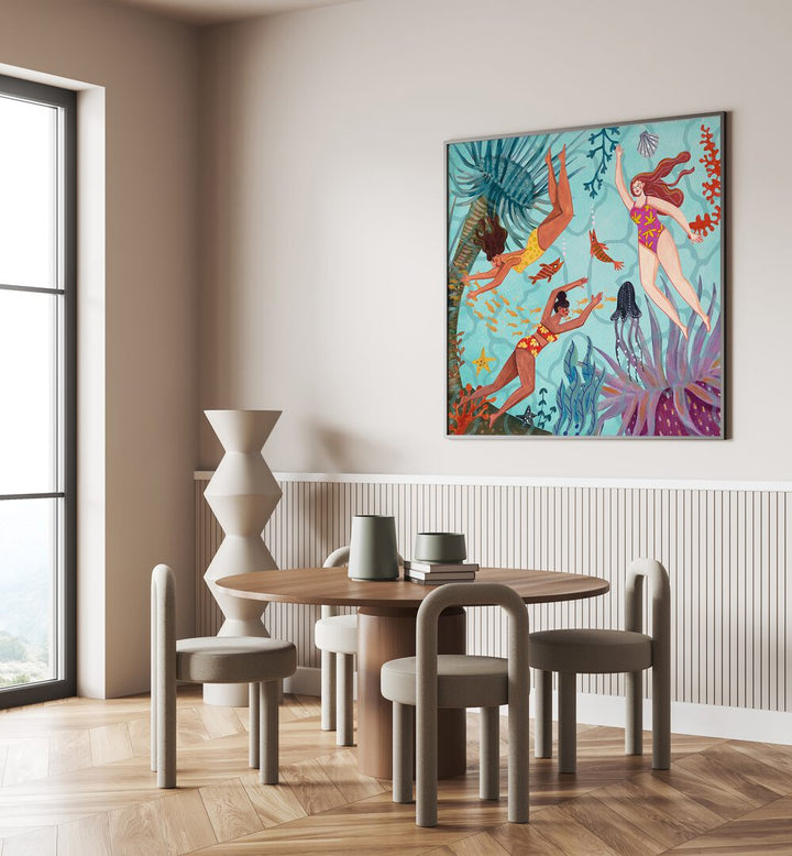 Swimming in the Ocean By Caroline Bonne Muller Women Illustration Paintings in Black Plain Frame on a wall behind a dining table for dining area