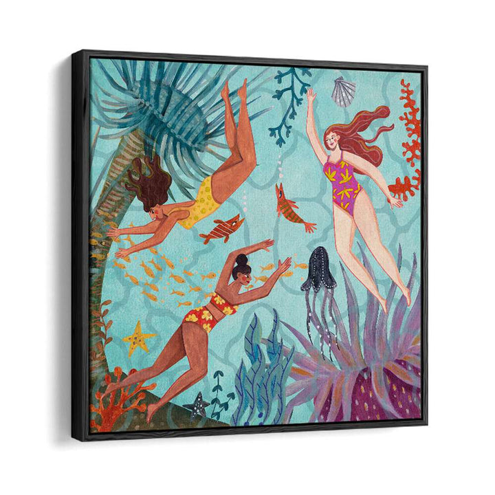 Swimming in the Ocean By Caroline Bonne Muller Women Illustration Paintings in Black Floater Frame