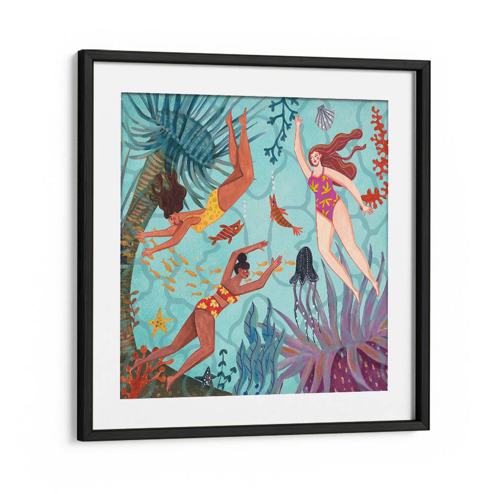 Swimming in the Ocean By Caroline Bonne Muller Women Illustration Paintings in Black Frame With Mount