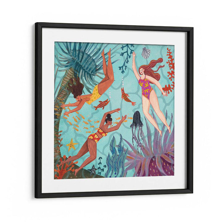 Swimming in the Ocean By Caroline Bonne Muller Women Illustration Paintings in Black Frame With Mount