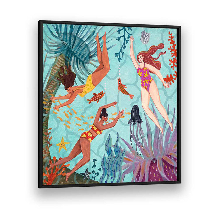 Swimming in the Ocean By Caroline Bonne Muller Women Illustration Paintings in Black Plain Frame