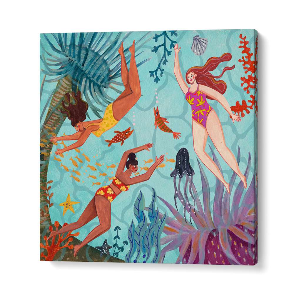 Swimming in the Ocean By Caroline Bonne Muller Women Illustration Paintings in Gallery Wrap