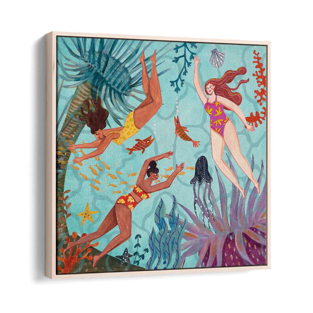 Swimming in the Ocean By Caroline Bonne Muller Women Illustration Paintings in Oak Wood Floater Frame