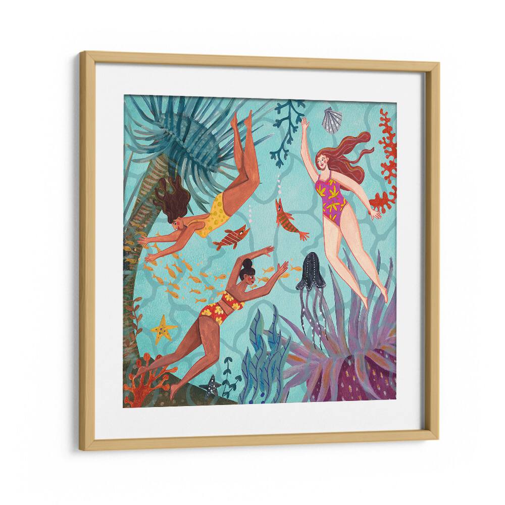 Swimming in the Ocean By Caroline Bonne Muller Women Illustration Paintings in Oak Wood Frame With Mount