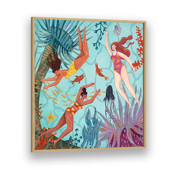 Swimming in the Ocean By Caroline Bonne Muller Women Illustration Paintings in Oak Wood Plain Frame