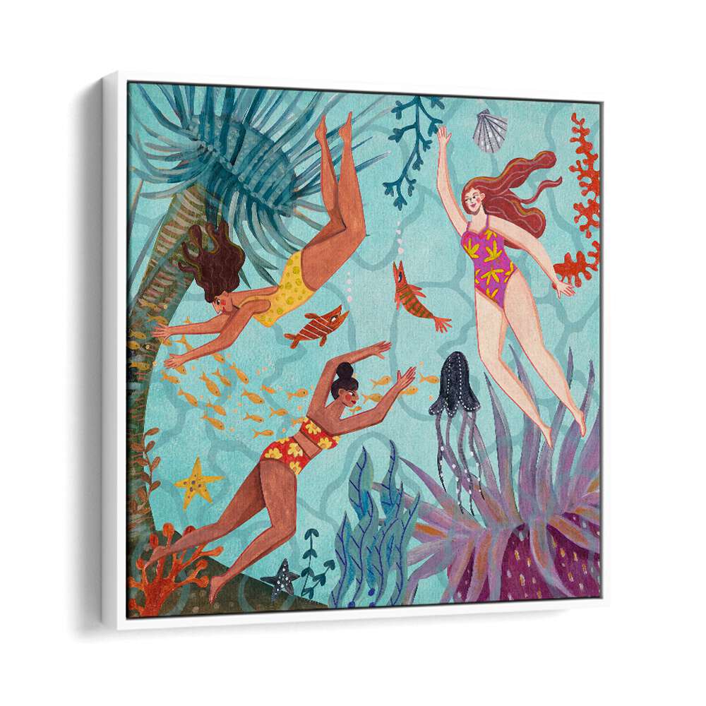 Swimming in the Ocean By Caroline Bonne Muller Women Illustration Paintings in White Floater Frame