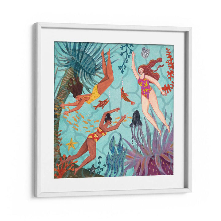 Swimming in the Ocean By Caroline Bonne Muller Women Illustration Paintings in White Frame With Mount