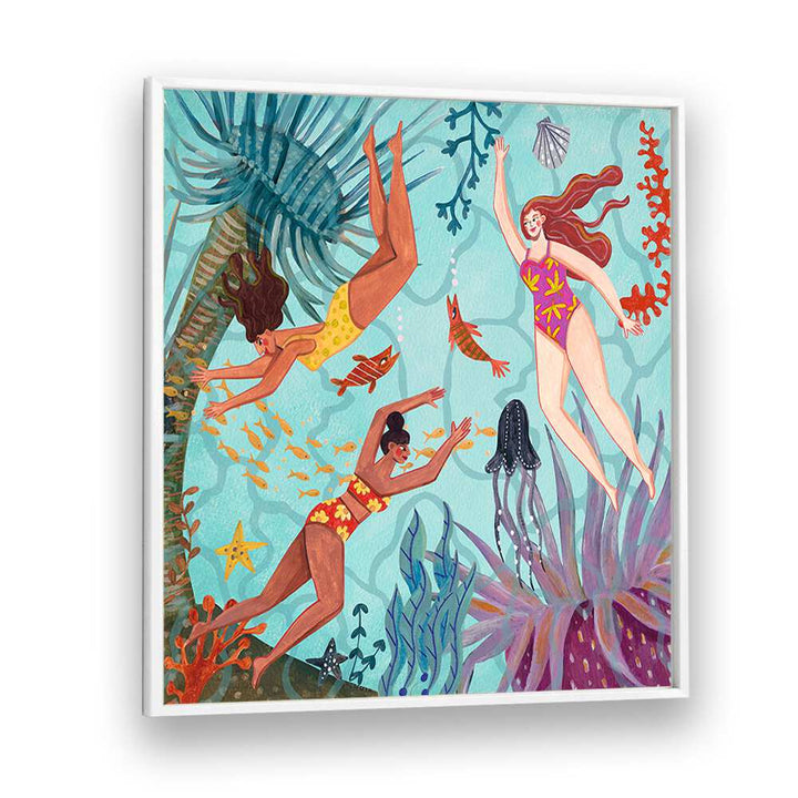 Swimming in the Ocean By Caroline Bonne Muller Women Illustration Paintings in White Plain Frame