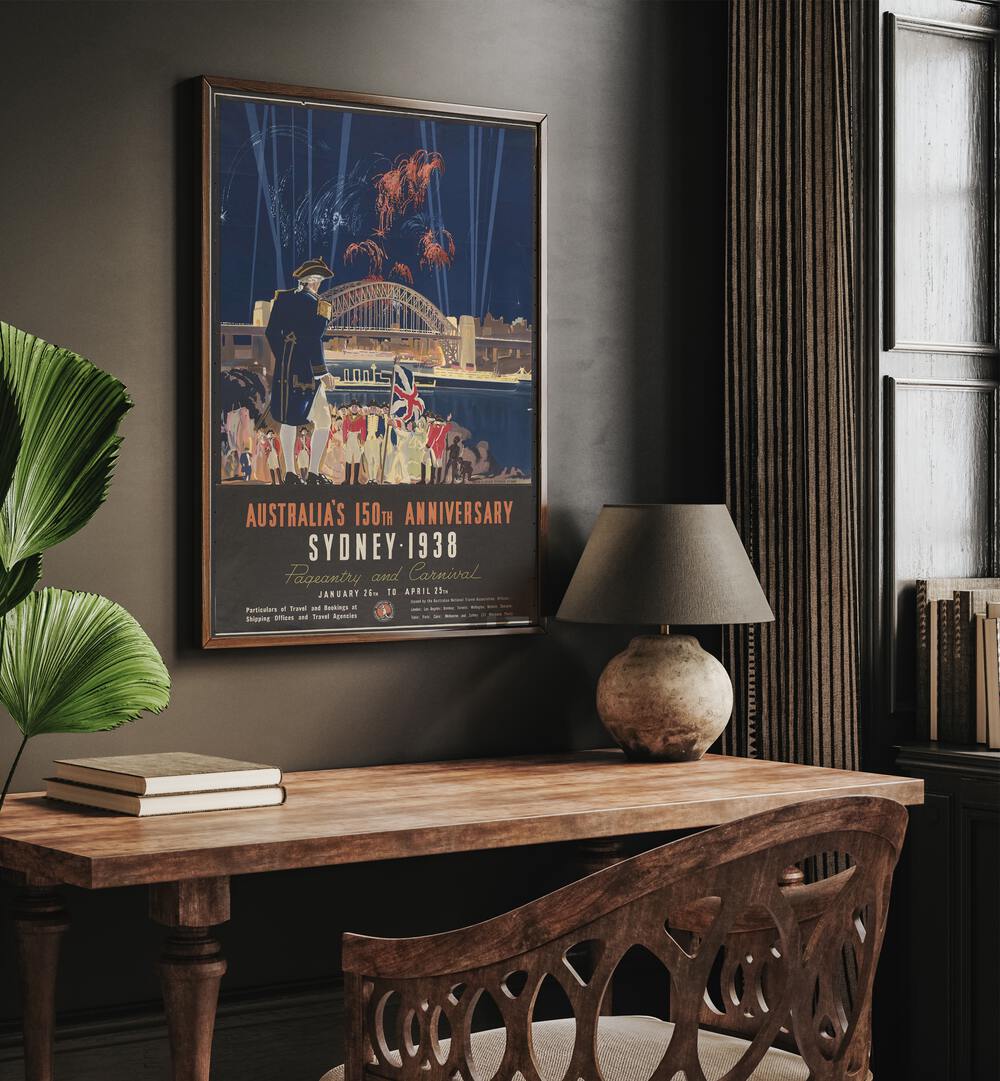 Sydney 1938  Vintage Travel Posters in Oak Wood Plain Frame placed on a all behind a study