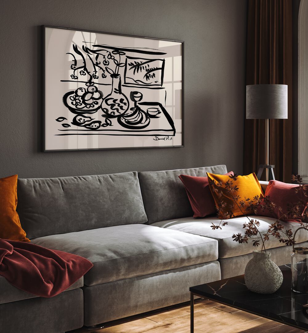 Stylish TABLE , ABSTRACT PAINTINGS in a modern living room, enhancing decor with artistry and functionality.