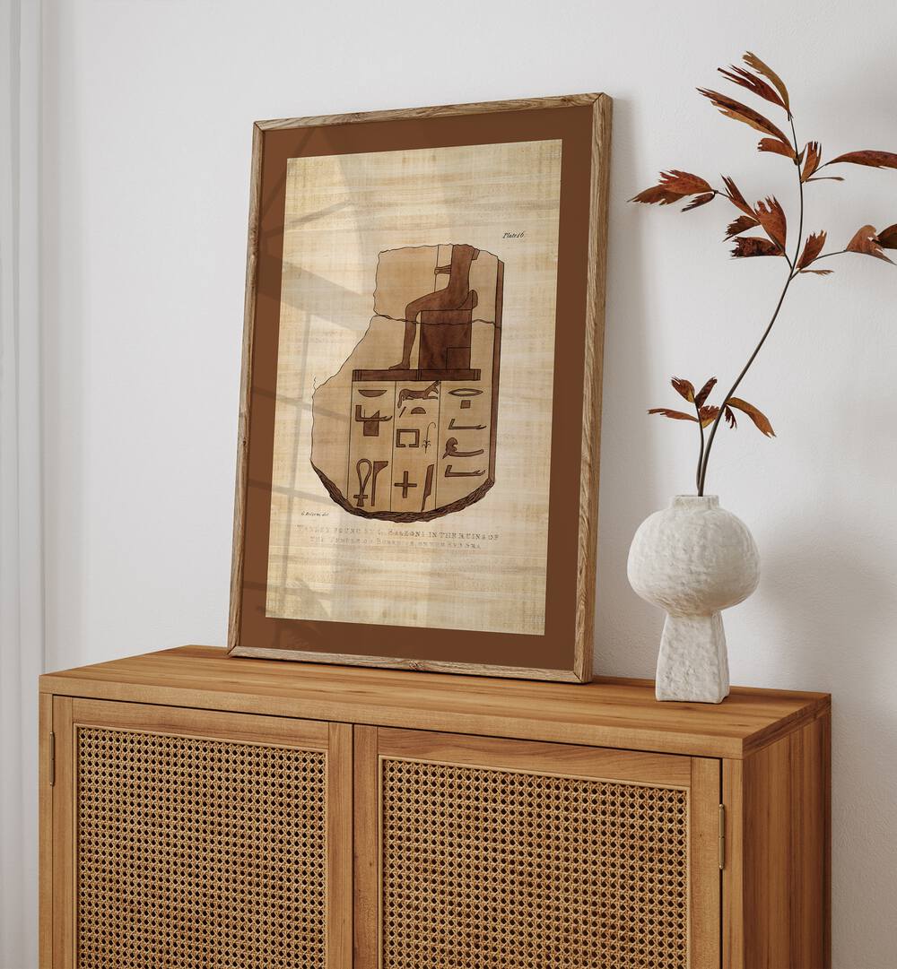 Tablet Of Brecchia Stone With HieroglyphicsEgyptian Art Artwork in oakwood frame with mount on a wooden console table 