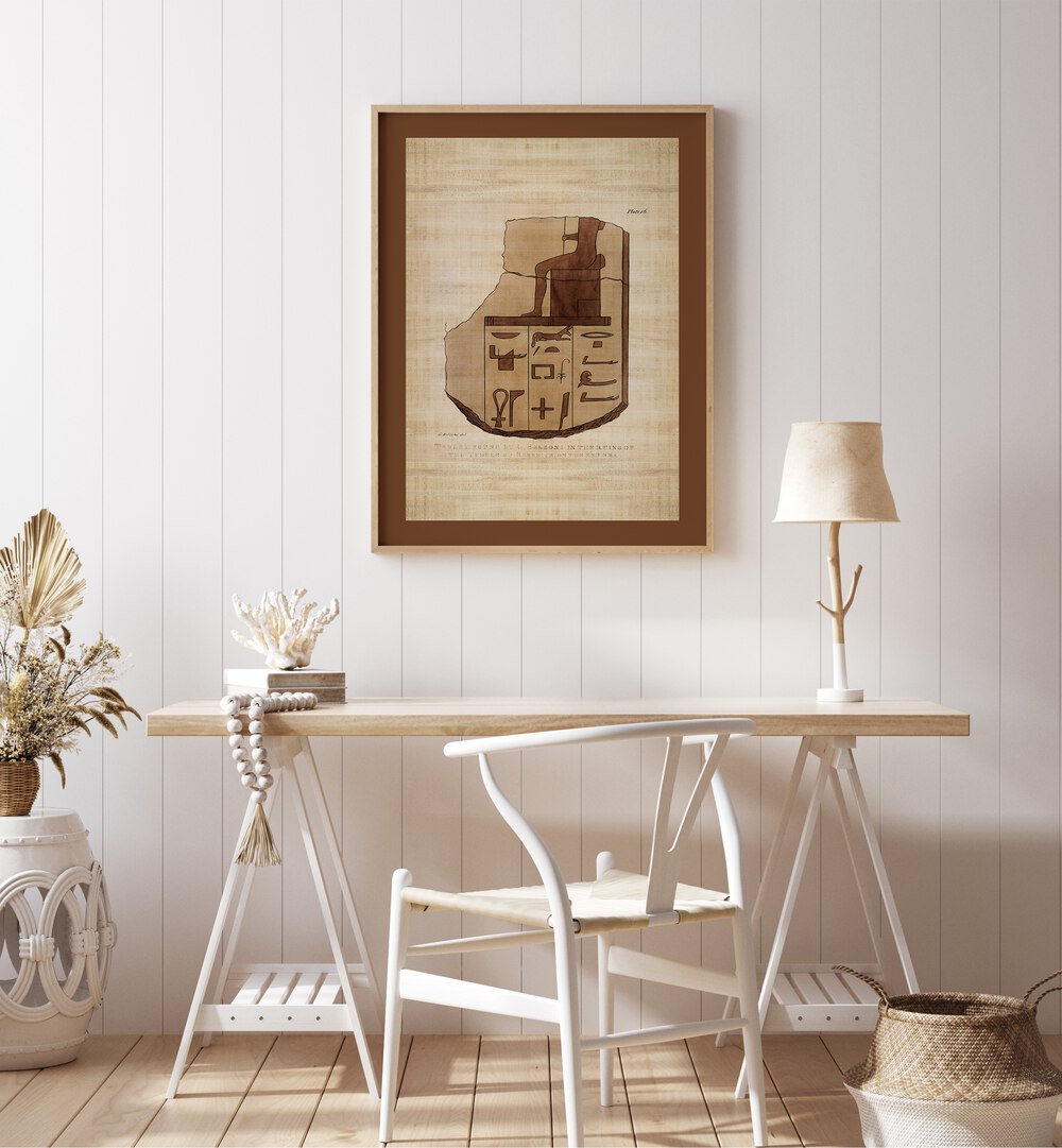 Tablet Of Brecchia Stone With Hieroglyphics Egyptian Art above a beige table on a white wall