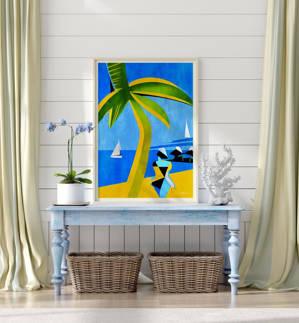 Bright TAHITI Beach Paintings adorn a stylish room, showcasing vibrant colors and tropical charm for your decor.