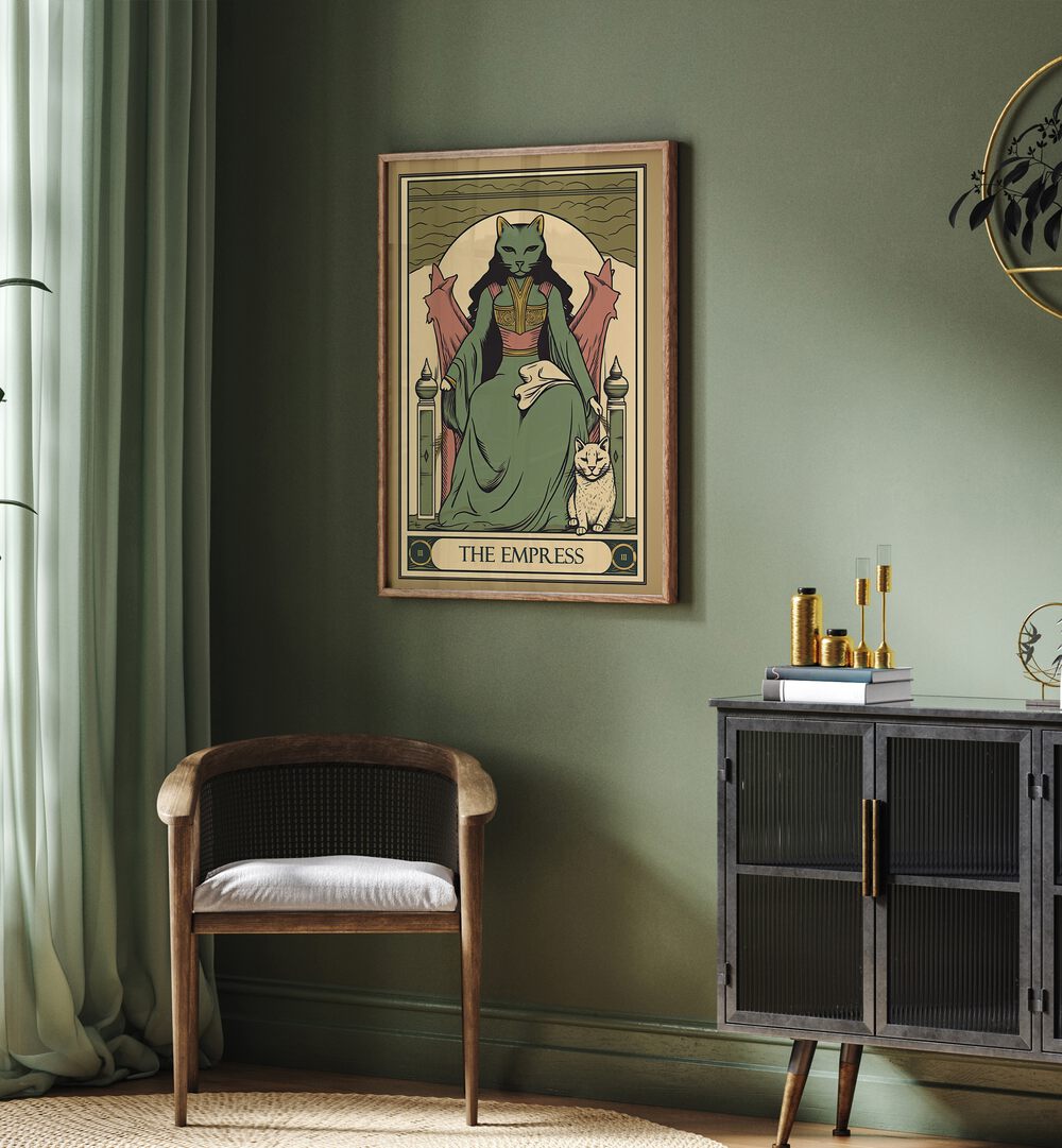 Tarot Card The Empress Zodiac & Tarot Art Painting Artwork in plain oakwood frame behind a chair on a green wall