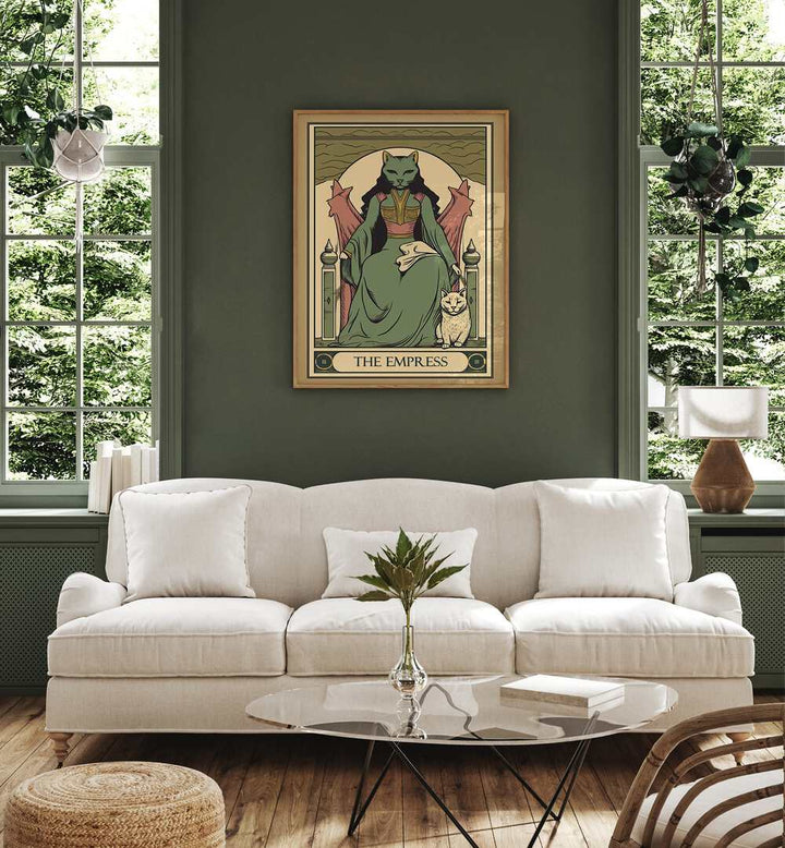 Tarot Card The Empress Zodiac & Tarot Art Painting Artwork in plain oakwood frame behind a white sofa for living room