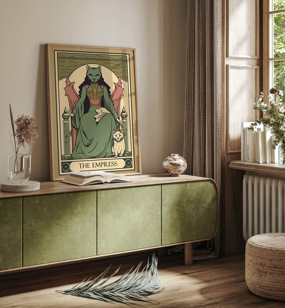 Tarot Card The Empress Zodiac & Tarot Art Painting Artwork in plain oakwood frame on a console table beside a window