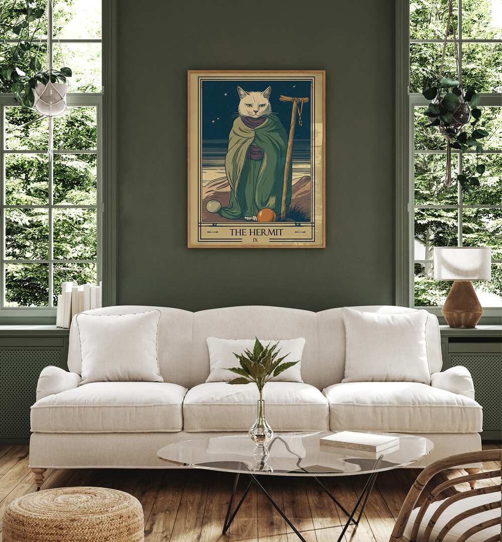 Tarot Card The Hermit Zodiac & Tarot Art Painting Artwork in plain oakwood frame behind a white sofa for living room