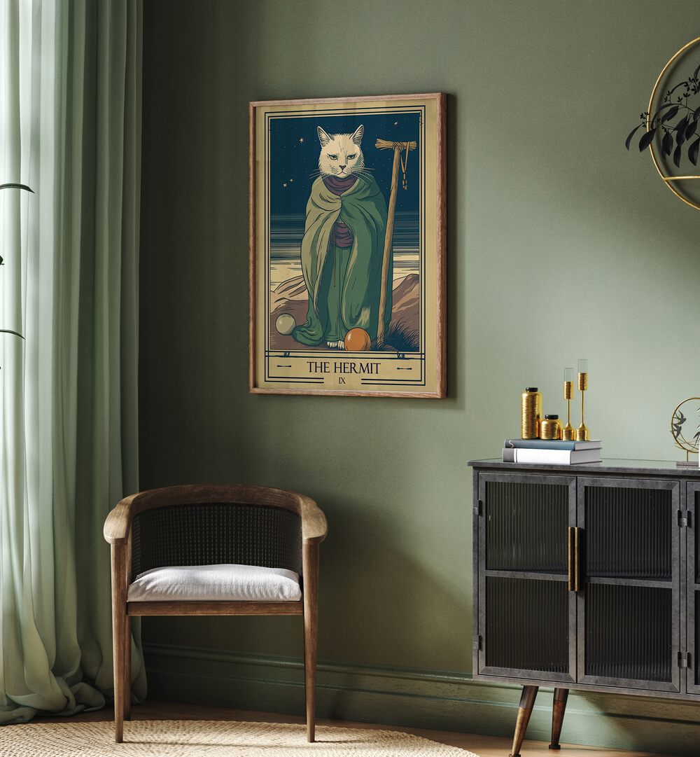 Tarot Card The Hermit Zodiac & Tarot Art Painting Artwork in plain oakwood frame behind a chair on green wall