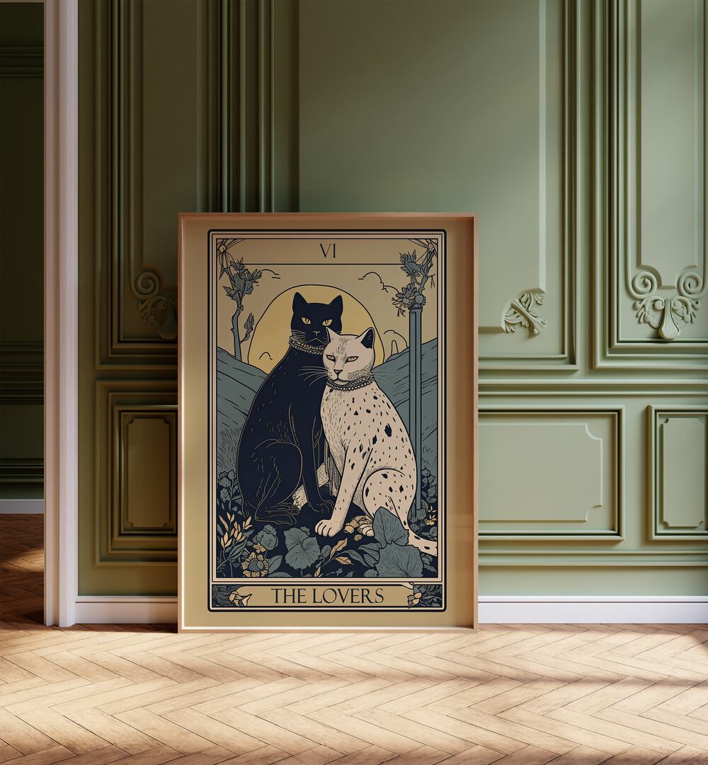 Tarot Card The Lovers Zodiac & Tarot Art Painting Artwork in plain oakwood frame on a wooden floor