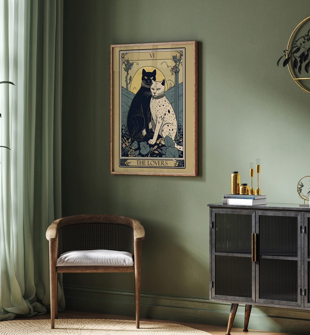 Tarot Card The Lovers Zodiac & Tarot Art Painting Artwork in plain oakwood frame behind a chair on a green wall