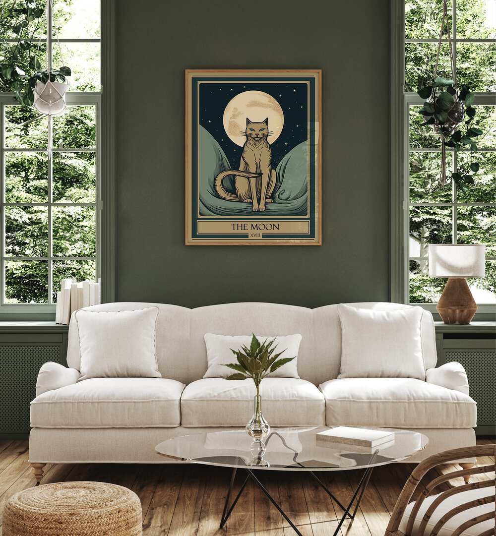 Tarot Card The Moon Zodiac & Tarot Art Painting Artwork in plain oakwood frame behind a white sofa for living room