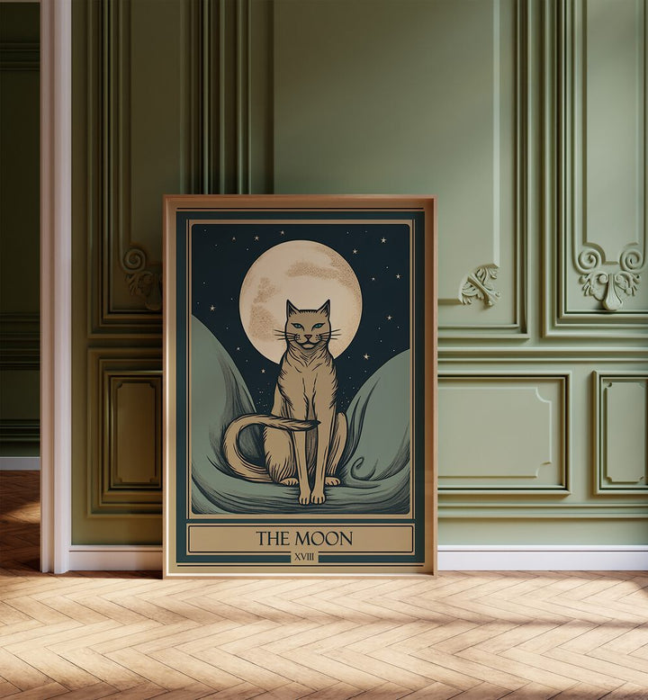 Tarot Card The Moon Zodiac & Tarot Art Painting Artwork in plain oakwood frame on a wooden floor