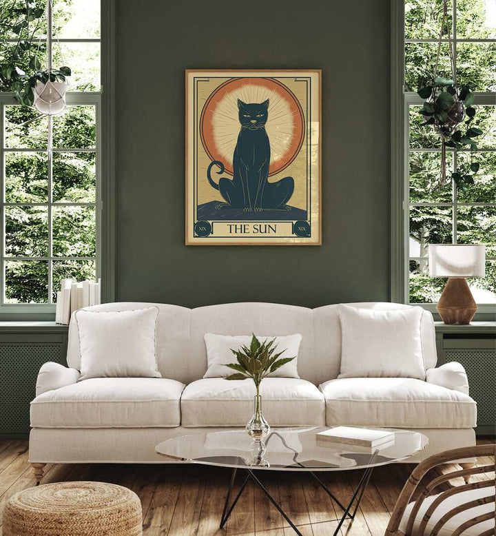 Tarot Card The Sun Zodiac & Tarot Art Painting Artwork in plain oakwood frame behind a white sofa for living room