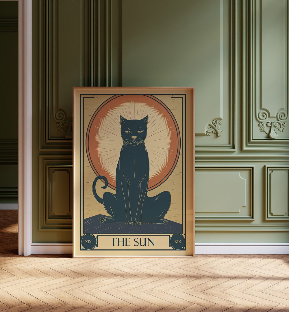 Tarot Card The Sun Zodiac & Tarot Art Painting Artwork in plain oakwood frame on a wooden floor 