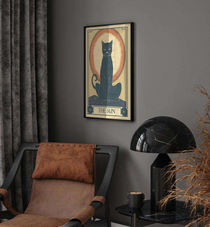 Tarot Card The Sun Zodiac & Tarot Art Painting Artwork in plain black frame behind a chair 