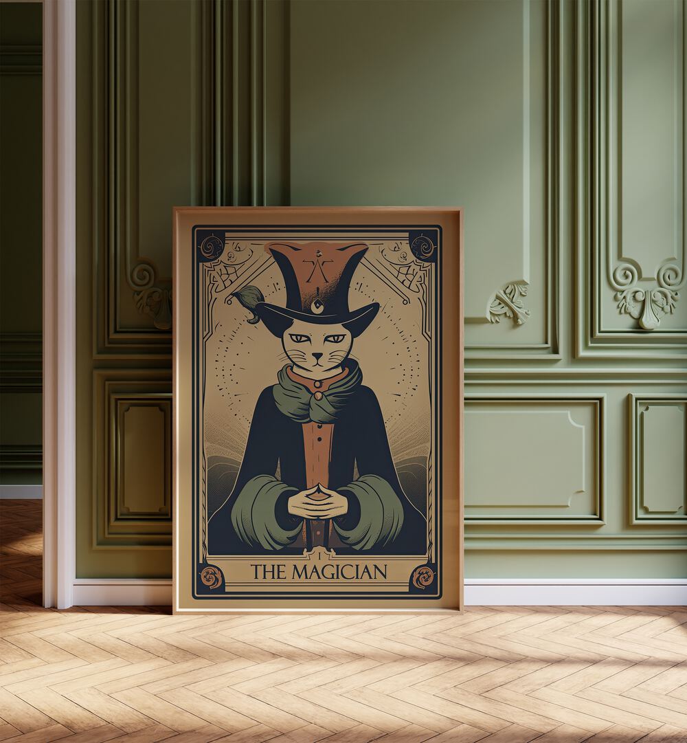 Tarot Cart The Magician Zodiac & Tarot Art Painting Artwork in plain oakwood frame on a wooden floor