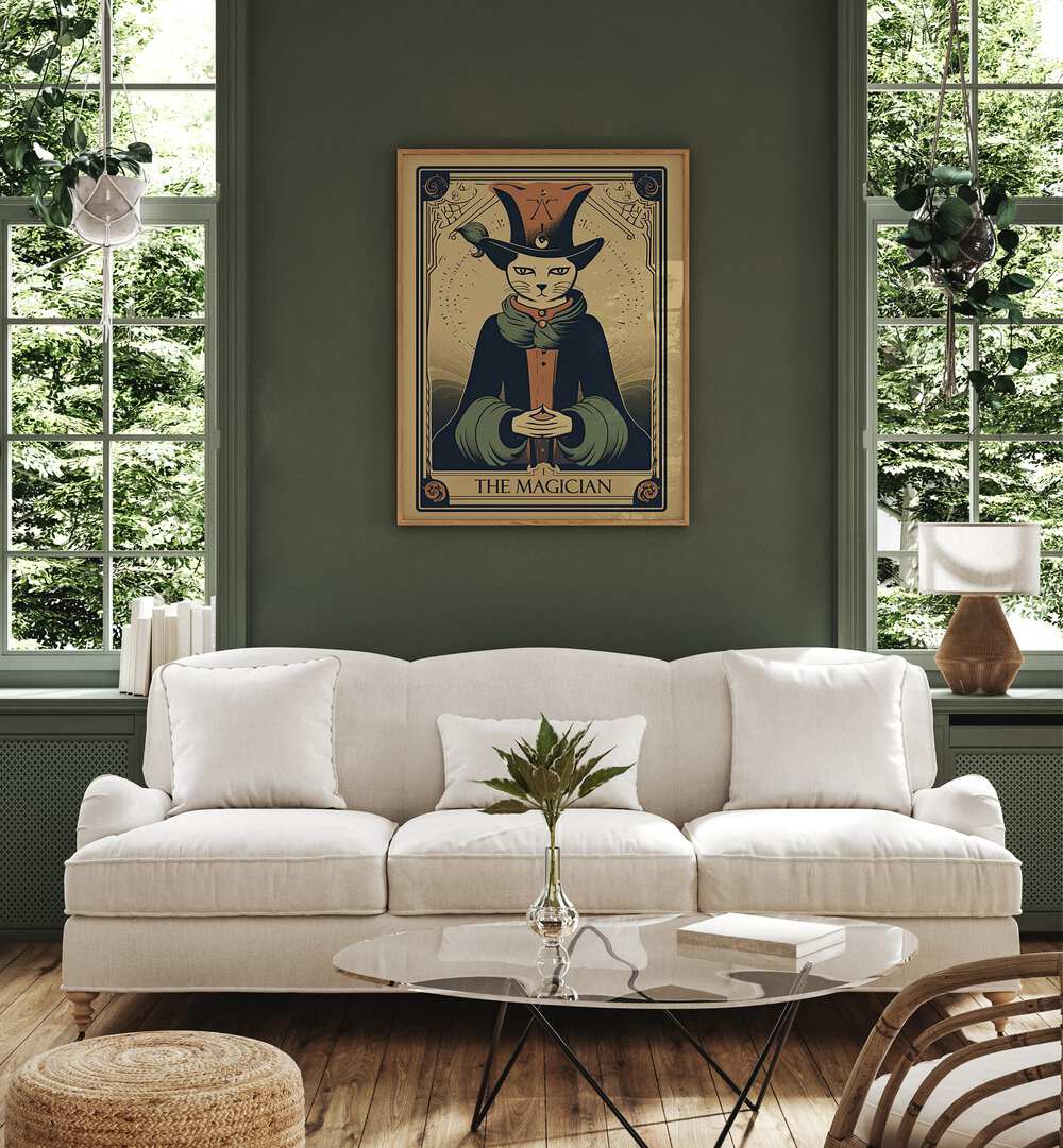 Tarot Cart The Magician Zodiac & Tarot Art Painting Artwork in plain oakwood frame behind a white sofa for living room