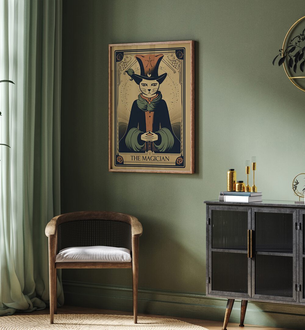 Tarot Cart The Magician Zodiac & Tarot Art Painting Artwork in plain oakwood frame behind a chair on a green colour wall