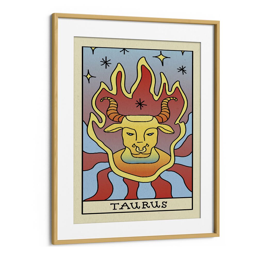 Taurus Zodiac & Tarot Art Artwork in Oak Wood Frame With Mount