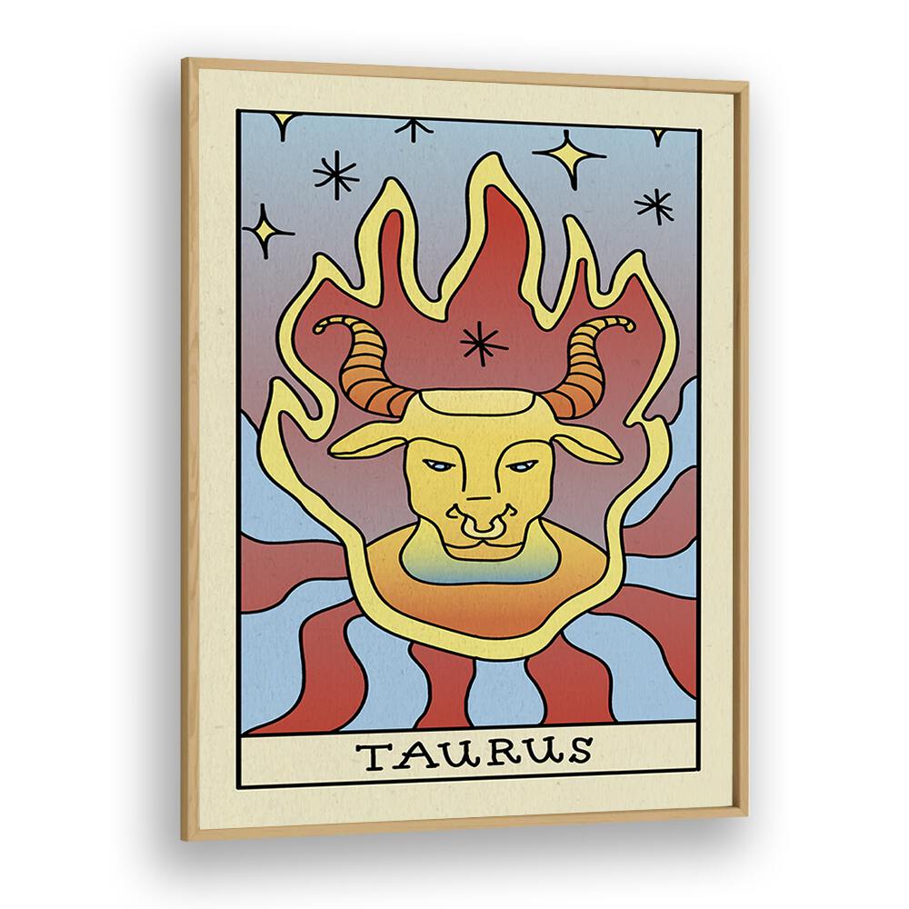 Taurus Zodiac & Tarot Art Artwork in Oak Wood Plain Frame