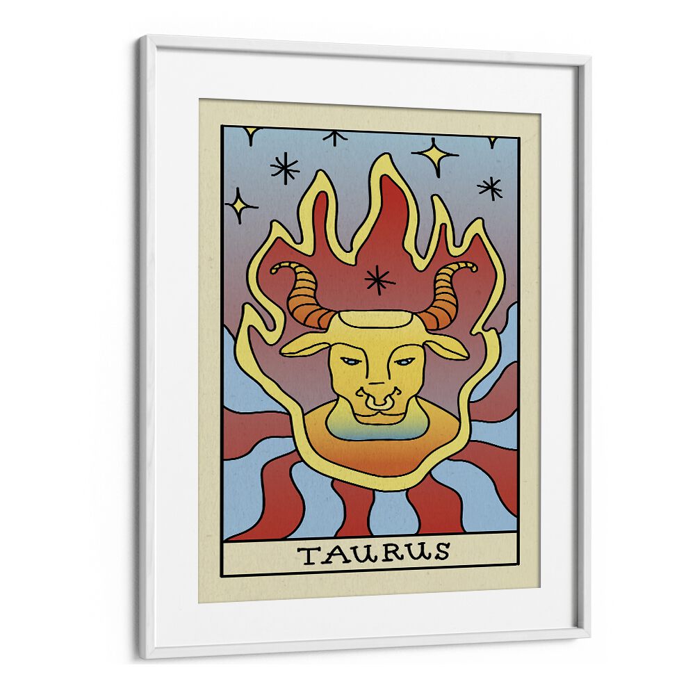 Taurus Zodiac & Tarot Art Artwork in White Frame With Mount