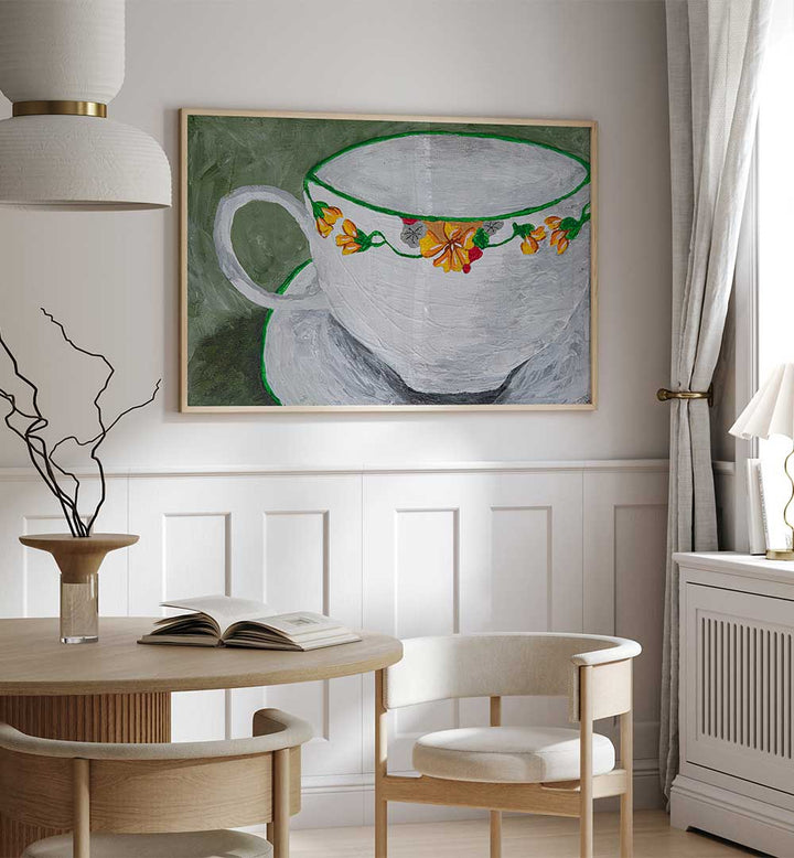 Elegant TEACUP WITH FLOWERS, KITCHEN POSTERS enhancing kitchen decor with vibrant floral art for a charming atmosphere.
