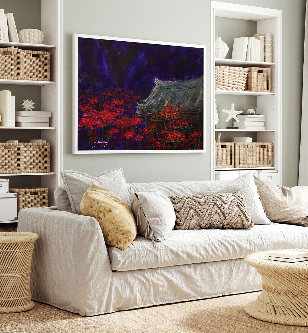 TEMPLE UNDER RED BLOOMS