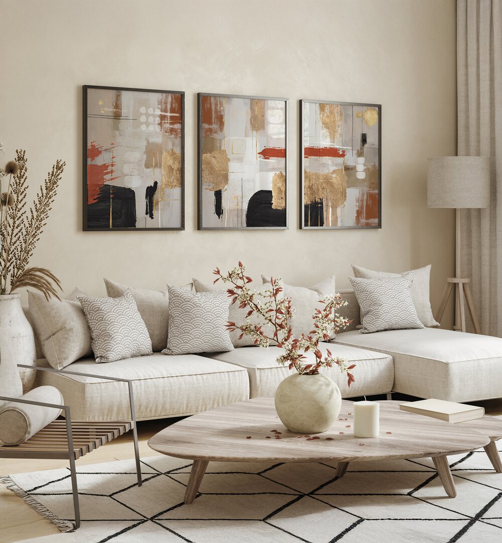 Transform your space with the TERRACCOTTA CHAOS SET, SET OF 3 PAINTINGS, showcasing vibrant contemporary art.