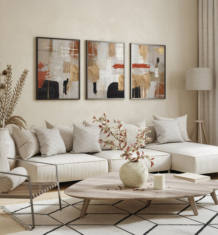 Transform your space with the TERRACCOTTA CHAOS SET, SET OF 3 PAINTINGS, showcasing vibrant contemporary art.