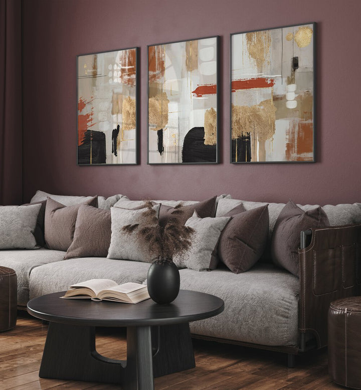 Elevate your decor with the TERRACCOTTA CHAOS SET, SET OF 3 PAINTINGS featuring vibrant contemporary designs.