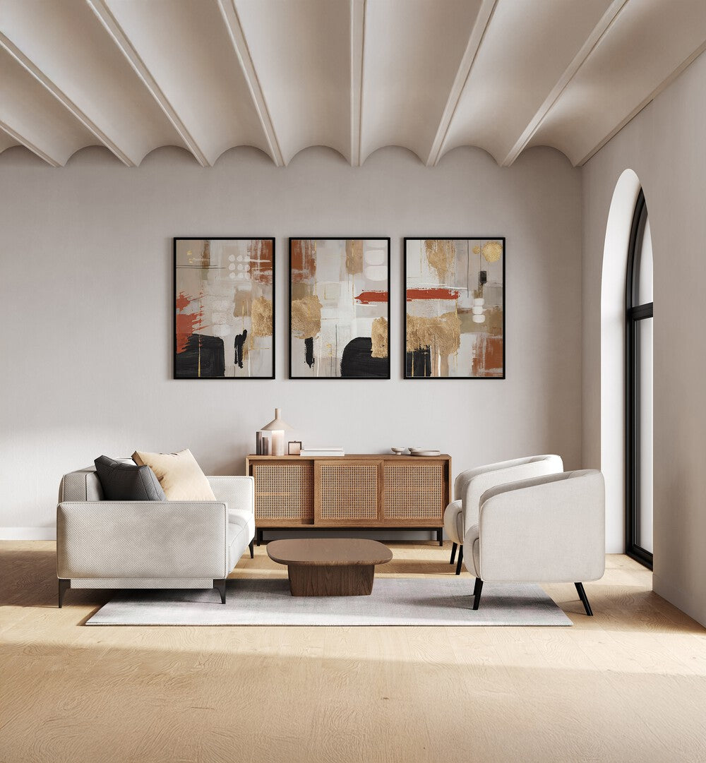 Elevate your decor with the TERRACCOTTA CHAOS SET, SET OF 3 PAINTINGS, showcasing vibrant contemporary art.