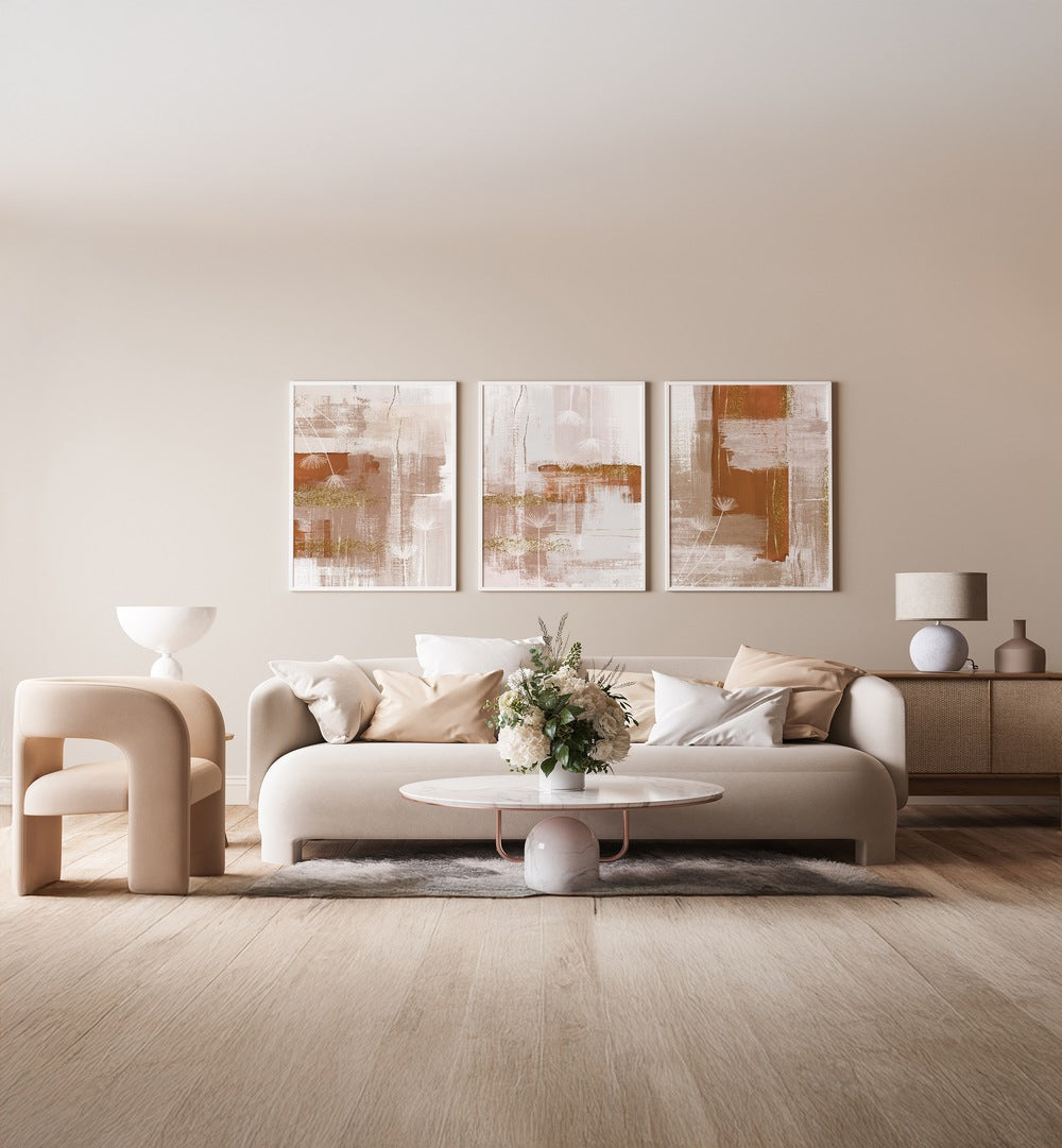 Elevate your decor with the TERRACOTTA CONFUSION SET, SET OF 3 PAINTINGS, perfect for a warm, inviting space.