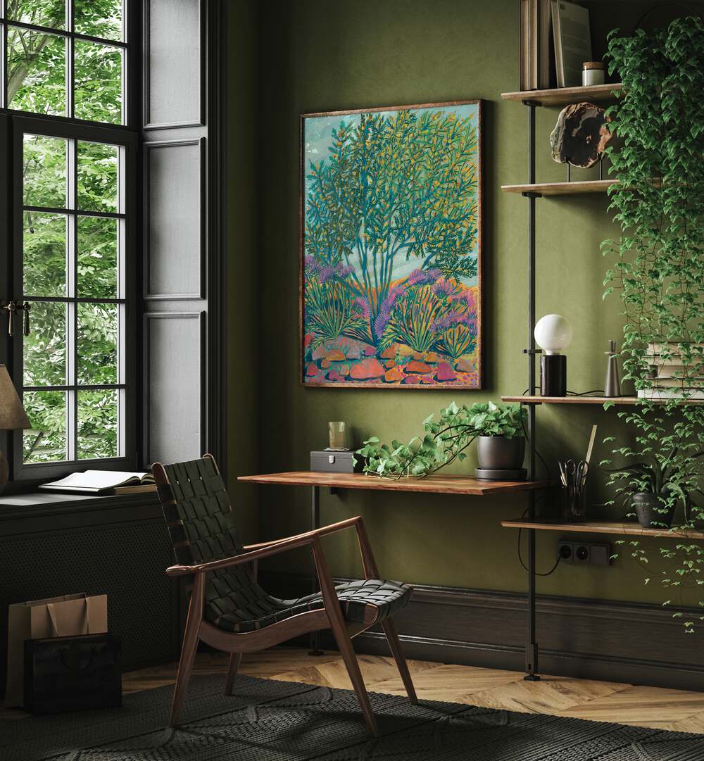 Colorful TEXAS TREES , FLORAL FLOWER PAINTINGS brighten a room, showcasing Eleanor Baker's stunning art collection.