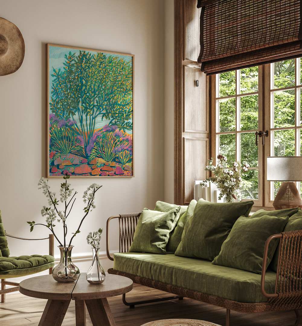 Vibrant TEXAS TREES, FLORAL FLOWER PAINTINGS brighten this cozy living space, showcasing Eleanor Baker's stunning art.