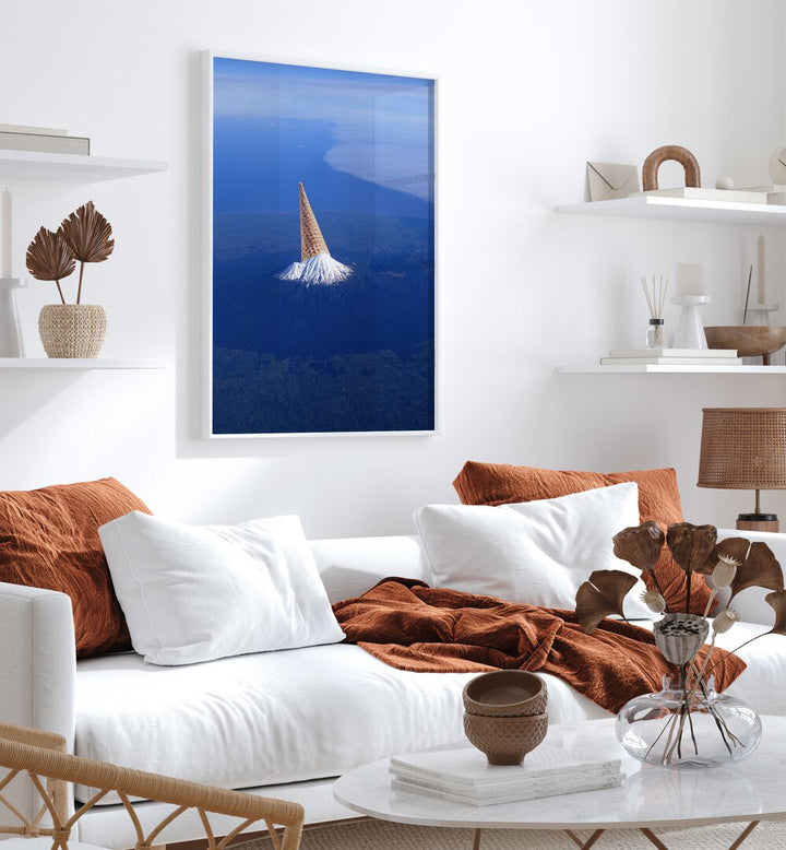 The 3 Sec Rule Surreal Art Painting Artwork in plain white frame behind a white sofa for living room