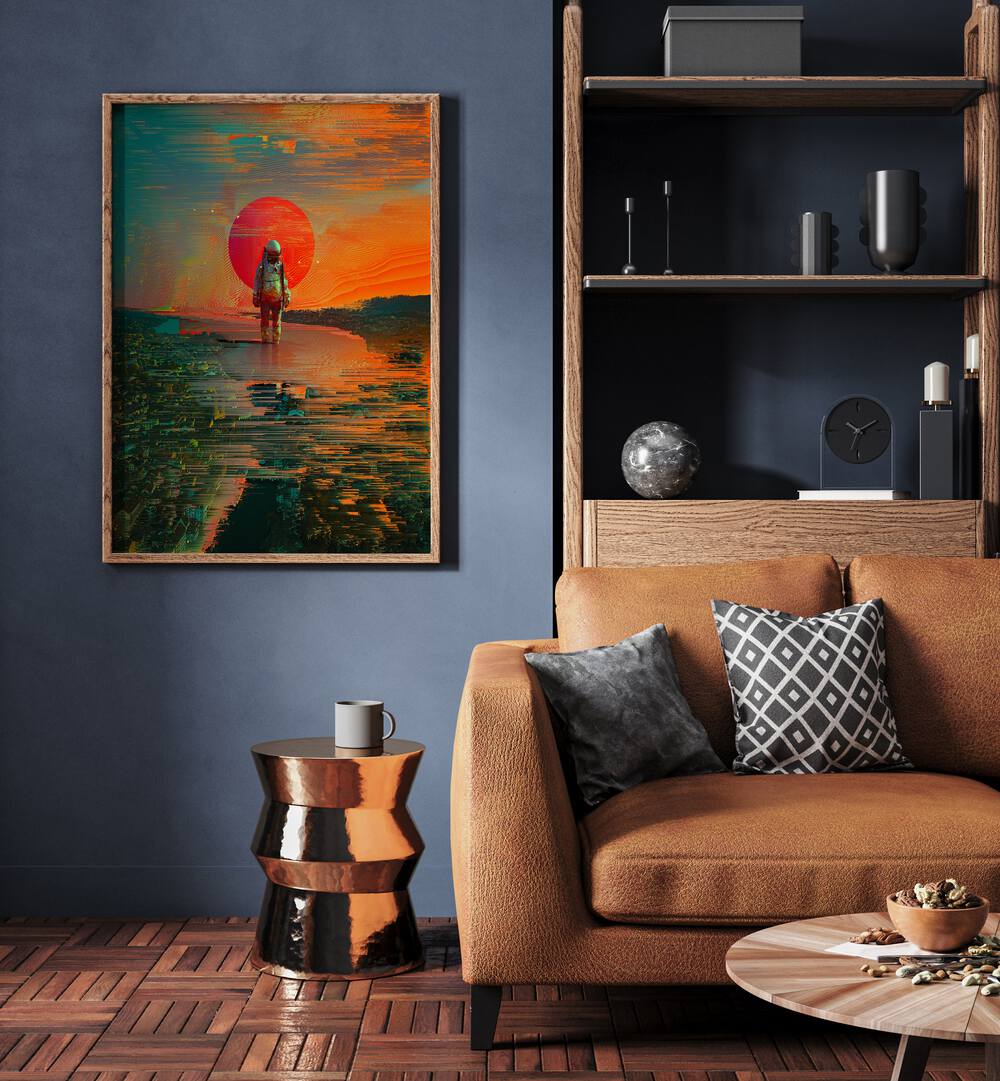 The Blast By Francis Minoza Astronaut & Nasa Paintings, Space Art Prints Artwork in Oak Wood Plain Frame placed on a Blue Wall in the Living Room