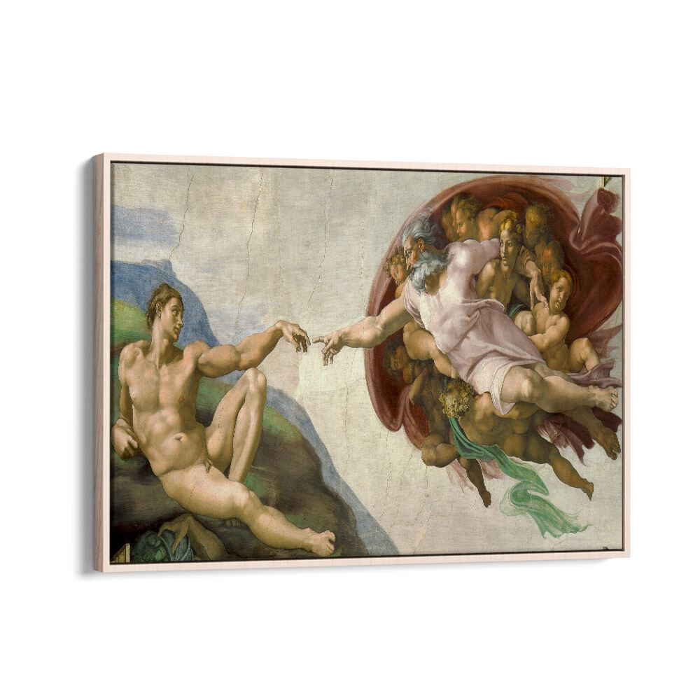 The Creation Of Adam (Circa 1511) Michelangelo Buonarroti art painting Artwork in Oak Wood Floater Frame